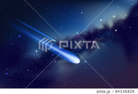 Falling star background. Realistic starry night sky with shooting comet and nebula. Meteor or asteroid with light tails. Galactic panorama. Outer space. Vector cosmos wallpaper mockup 84336826