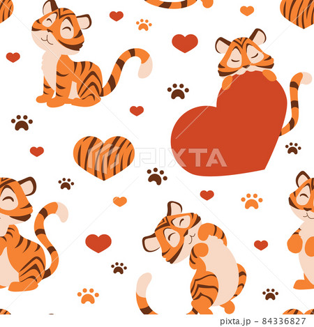 Tiger pattern. Seamless stripped wild animal texture for greeting cards, wallpaper and wrapping paper. Paw footprints and hearts. 2022 year cat character. Vector funny kitten mascot print 84336827