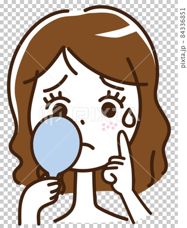女性 手鏡 美容 肌荒れ 顔 表情 悲しいのイラスト素材