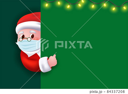 Christmas background. Santa Claus wearing face mask with big signboard. Christmas background. Santa Claus wearing face mask with big signboard. 84337208