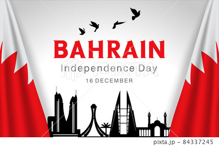 Independence day of Bahrain greeting card with national flag and landmarks. 84337245