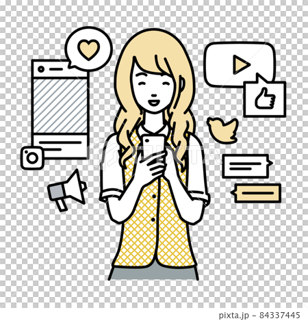 一個身著文員制服的女人站起來，用智能手機在各種SNS上愉快地互動 84337445