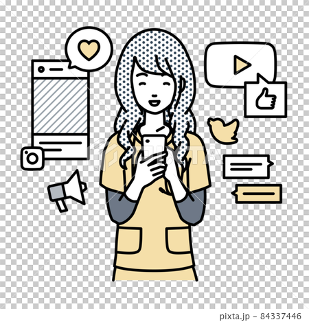 A nurse woman who stands up and interacts happily on various SNS on her smartphone A nurse woman who stands up and interacts happily on various SNS on her smartphone 84337446