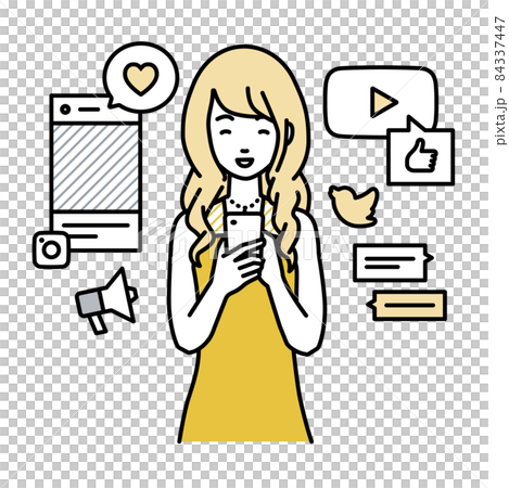A woman in a dress who stands up and enjoys interacting with various SNS on her smartphone 84337447