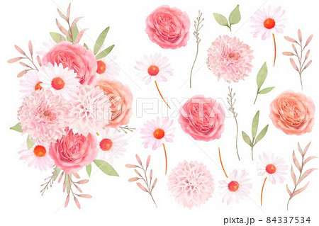 エレガントでレトロな色使いのピンク系のバラの花とデイジーとリーフのセットと花束のベクターイラスト素材のイラスト素材