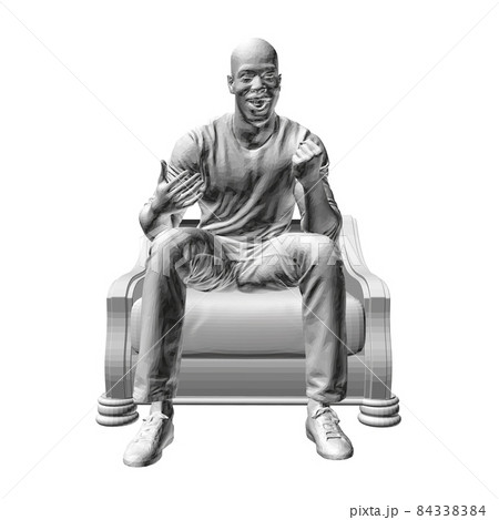 Joyful man sits in a chair isolated on a white background. The man watches TV and is happy. 3D. Vector illustration Joyful man sits in a chair isolated on a white background. The man watches TV and is happy. 3D. Vector illustration 84338384