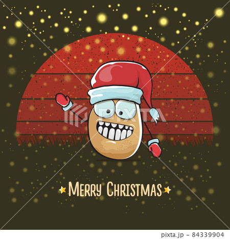 vector funky comic cartoon cute smiling Santa Claus potato with red Santa hat and cartoon merry Christmas text isolated on vintage red background with sun. Childrens Christmas card with funny Santa vector funky comic cartoon cute smiling Santa Claus potato with red Santa hat and cartoon merry Christmas text isolated on vintage red background with sun. Childrens Christmas card with funny Santa 84339904