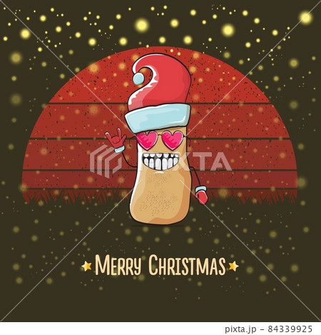 vector funky comic cartoon cute smiling Santa Claus potato with red Santa hat and cartoon merry Christmas text isolated on vintage red background with sun. Childrens Christmas card with funny Santa vector funky comic cartoon cute smiling Santa Claus potato with red Santa hat and cartoon merry Christmas text isolated on vintage red background with sun. Childrens Christmas card with funny Santa 84339925