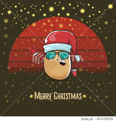 vector funky comic cartoon cute smiling Santa Claus potato with red Santa hat and cartoon merry Christmas text isolated on vintage red background with sun. Childrens Christmas card with funny Santa vector funky comic cartoon cute smiling Santa Claus potato with red Santa hat and cartoon merry Christmas text isolated on vintage red background with sun. Childrens Christmas card with funny Santa 84339956
