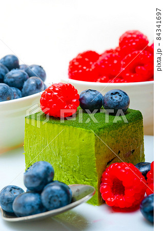 green tea matcha mousse cake with berries green tea matcha mousse cake with berries 84341697