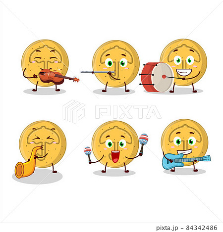 Cartoon character of dalgona candy umbrella playing some musical instruments 84342486