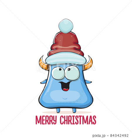 Vector cartoon funky blue monster with Santa Claus red hat isolated on white background. Childrens Merry Christmas greeting card with funny monster Santa Claus. 84342492