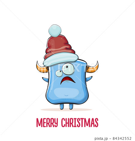Vector cartoon funky blue monster with Santa Claus red hat isolated on white background. Childrens Merry Christmas greeting card with funny monster Santa Claus. 84342552