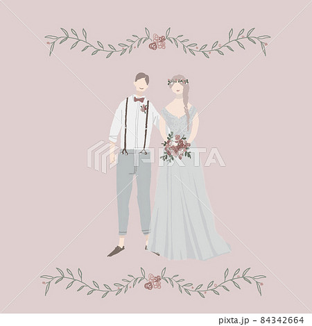 寄り添う新郎新婦 カラードレス ウエディング ガーデンウエディング 結婚式のイラスト素材