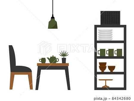 テーブルセットと棚のイラストのイラスト素材