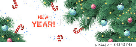 Christmas festive realistic tree with many multi-colored Christmas balls, bright garland - Vector 84343748