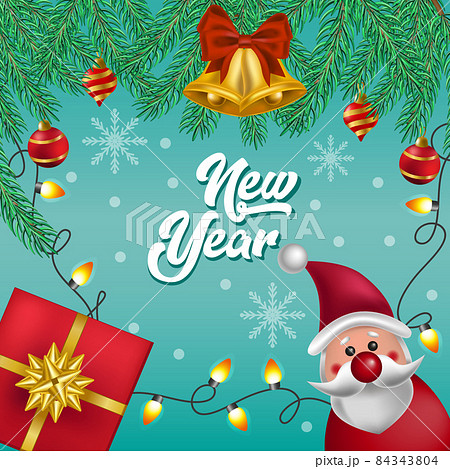 Christmas and New Year web background. Realistic fir pine lush tree. Gift box, glass balls and other holiday elements. Postcard, banner, poster, template for social networks - Vector Christmas and New Year web background. Realistic fir pine lush tree. Gift box, glass balls and other holiday elements. Postcard, banner, poster, template for social networks - Vector 84343804