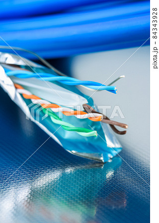 Stripped Network Ethernet Utp Cable Closeup Stripped Network Ethernet Utp Cable Closeup 84343928
