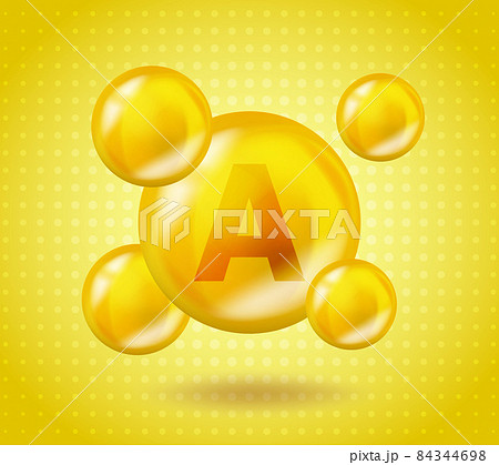 Realistic Vitamin A Retinol design. Yellow nutrition illustration concept. 3D Vitamin complex A Retinol design. Drop pill capsule. 84344698