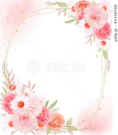 エレガントなピンク系のバラの花とデイジーとリーフのゴールド水玉縦フレームベクターイラスト素材 84346588