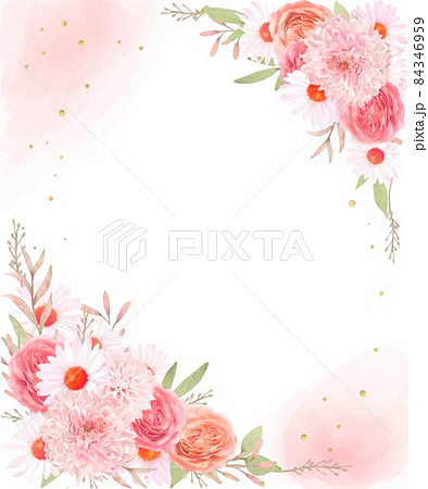 エレガントなピンク系のバラの花とデイジーとリーフのゴールド水玉フレームベクターイラスト素材のイラスト素材