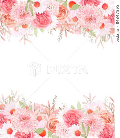 エレガントでレトロな赤ピンク系のバラの花とデイジーのあふれる花のフレームベクターイラスト素材のイラスト素材