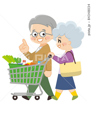 ショッピングカートを押して買い物を楽しむ高齢夫婦のイラスト素材
