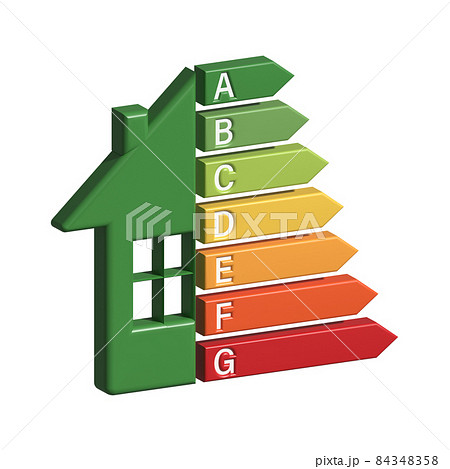 Energy efficiency chart and house concept. Home icon . Solar power. Green home. 3D icon. stock illustration 84348358