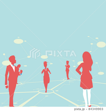 Several Team Members Standing Separate Thinking And Connected With Lines On Floor. Crew Group Placed Over Linked Together With Straight Lines. 84349903