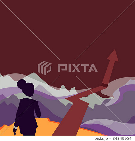 Lady Walking Towards Mountains With An Arrow Marking Success. Business Woman Marching Towards Her Accomplishment With A Large Mark For The Hills. 84349954