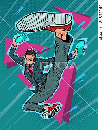 kick jump businessman with smartphone, success energy leader. Martial arts, karate and Wushu kick jump businessman with smartphone, success energy leader. Martial arts, karate and Wushu 84350566