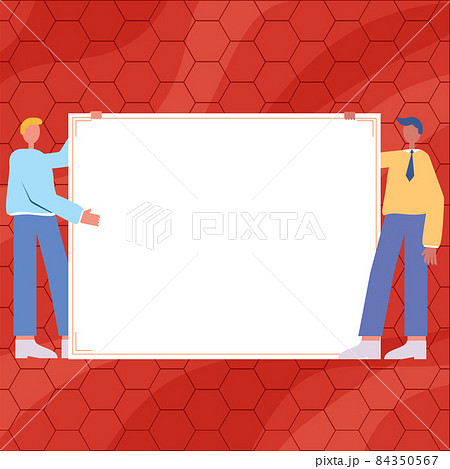 Two Men Drawing With Empty Paper Background Presenting New Ideas. Gentleman Holding Large Paper Showing New Developments. Colleagues Brainstorming Recent Thoughts. 84350567