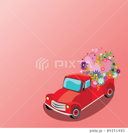 Red pickup with flowers and hearts card 84351493