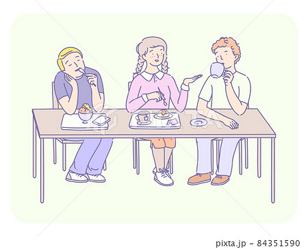 Students lunch time. Group of young people eating fast food, ice cream, sweet, drink coffee. Friends students sitting together at the table chatting communicate together and having lunch Students lunch time. Group of young people eating fast food, ice cream, sweet, drink coffee. Friends students sitting together at the table chatting communicate together and having lunch 84351590