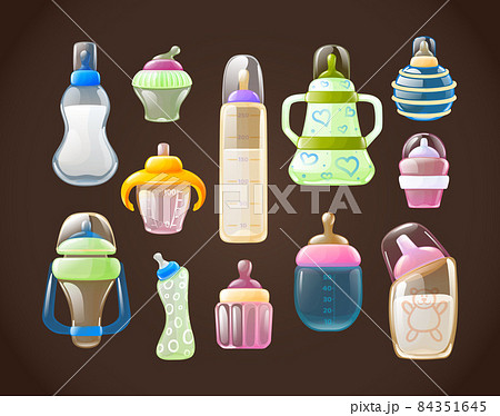 Realistic baby milk bottle set. Colorful colorful bottles for feeding a newborn baby differents shape with pacifier nipples, color plastic handles and measurement scale volume vector 3d Realistic baby milk bottle set. Colorful colorful bottles for feeding a newborn baby differents shape with pacifier nipples, color plastic handles and measurement scale volume vector 3d 84351645
