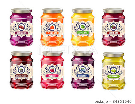 Jar label mockup. Glass realistic jars with labels fruit jam. Retro vintage templates for labels of berry jam - strawberry, kiwi, orange, cherry. Templates packaging for jam identity, branding 84351646