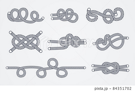 Sea rope knots and loops set. Marine rope and sailors ship knot, cord sailor borders, knot sail, package rope, looped string, nautical loop vector illustration Sea rope knots and loops set. Marine rope and sailors ship knot, cord sailor borders, knot sail, package rope, looped string, nautical loop vector illustration 84351702