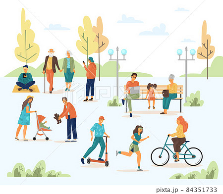 People Walking In City Park On Summer Street.... - 스톡일러스트 [84351733] - Pixta
