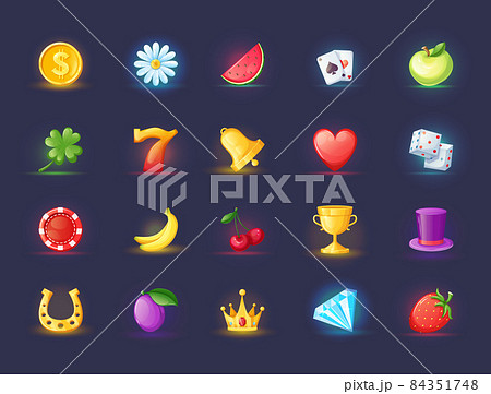 Realistic icons for casino slot machine. Game interface for gambling games lotteries casino machines. Bonus logos for gambling cartoon vector. 84351748