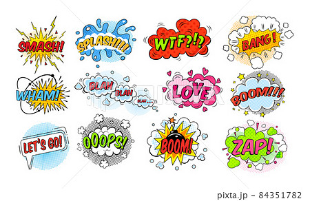 Comic speech bubble. Speech clouds with quotes, exclamations, , surprise, admiration, anger, sound effects pop art. Cartoon pattern with comic speech bubble, boom, burst clouds. Comic speech bubble. Speech clouds with quotes, exclamations, , surprise, admiration, anger, sound effects pop art. Cartoon pattern with comic speech bubble, boom, burst clouds. 84351782