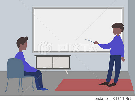 Illustration Of A Teacher And Student Having Class Privately Inside A Classroom. Instructor Drawing Mentoring His Pupil Discussing New Amazing Lessons. 84351969