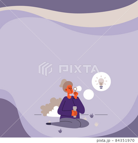 Lady Sitting In Park Blowing Balloons Thinking Of New Thoughts With Idea Lamp. Girl Inflating Soap Bubbles In Garden Brainstorming New Thoughts. 84351970