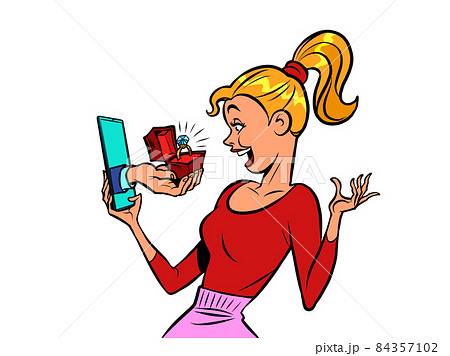 virtual date, smartphone internet romance. a man gives a woman an engagement ring, a marriage proposal 84357102