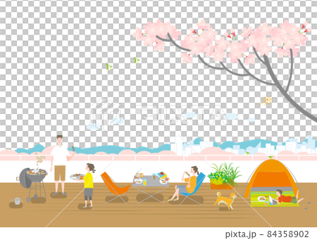 ベランダでバーベキューをする家族 84358902