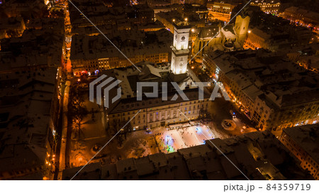 aerial view of night winter lviv city center 84359719