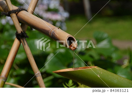 肥後細川庭園　日本庭園のなかで水が流れる竹のししおどし・鹿威し・鹿脅し・獅子脅し 84363121