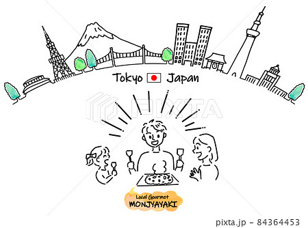 東京の観光地の街並みともんじゃ焼きを食べる家族のシンプル線画 84364453