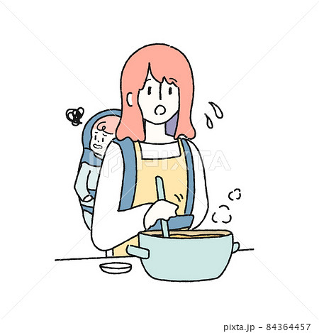 子供をおんぶしながら料理をする女性のイラスト 84364457