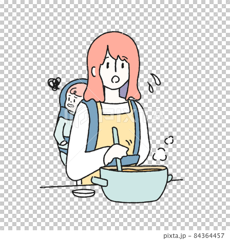 子供をおんぶしながら料理をする女性のイラスト 84364457