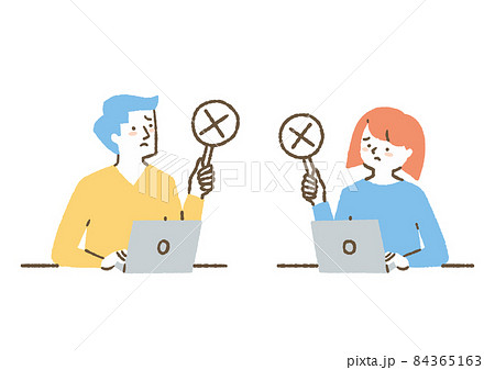 仕事中にバツの札を出す男女_色 84365163